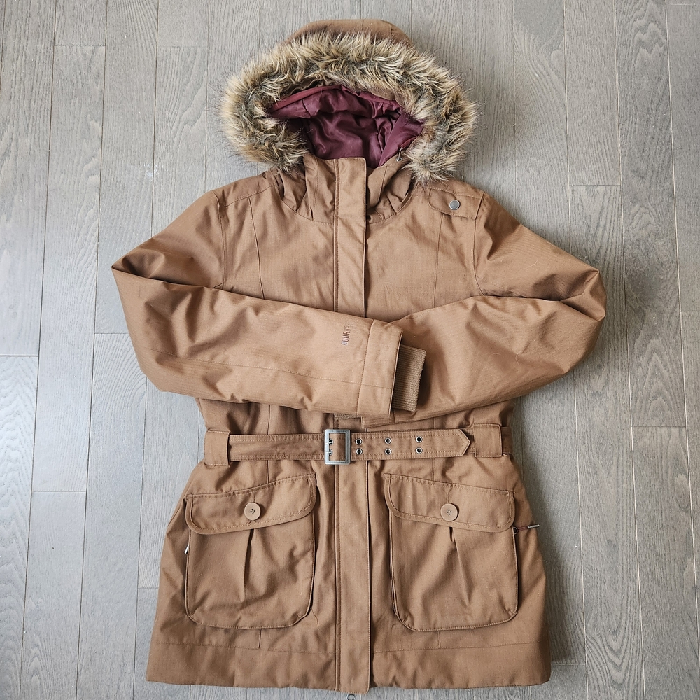Firefly Women Brown Hooded Winter Jacket Faux Fur Trim Pockets Belted Size Large